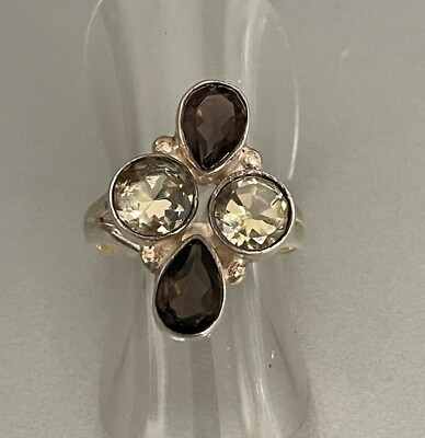 Schöner Rauchquarz & Citrin Ring in Sterling 0,925 Fassung - Größe 5