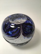 ART GLASS HAND BLOWN VASE BLUE WHITE BROWN BLACK LINES SWIRL VASE BOWL 6 inches