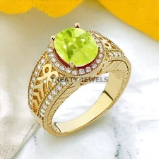 Peridot Oval Cut With 925 Sterling Silver Gold Plated Ring For Men's #913