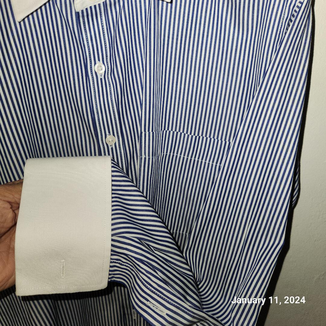 Blue Striped White Collar and French Cuffs Dress Shirt 16 1/2 42 Blue