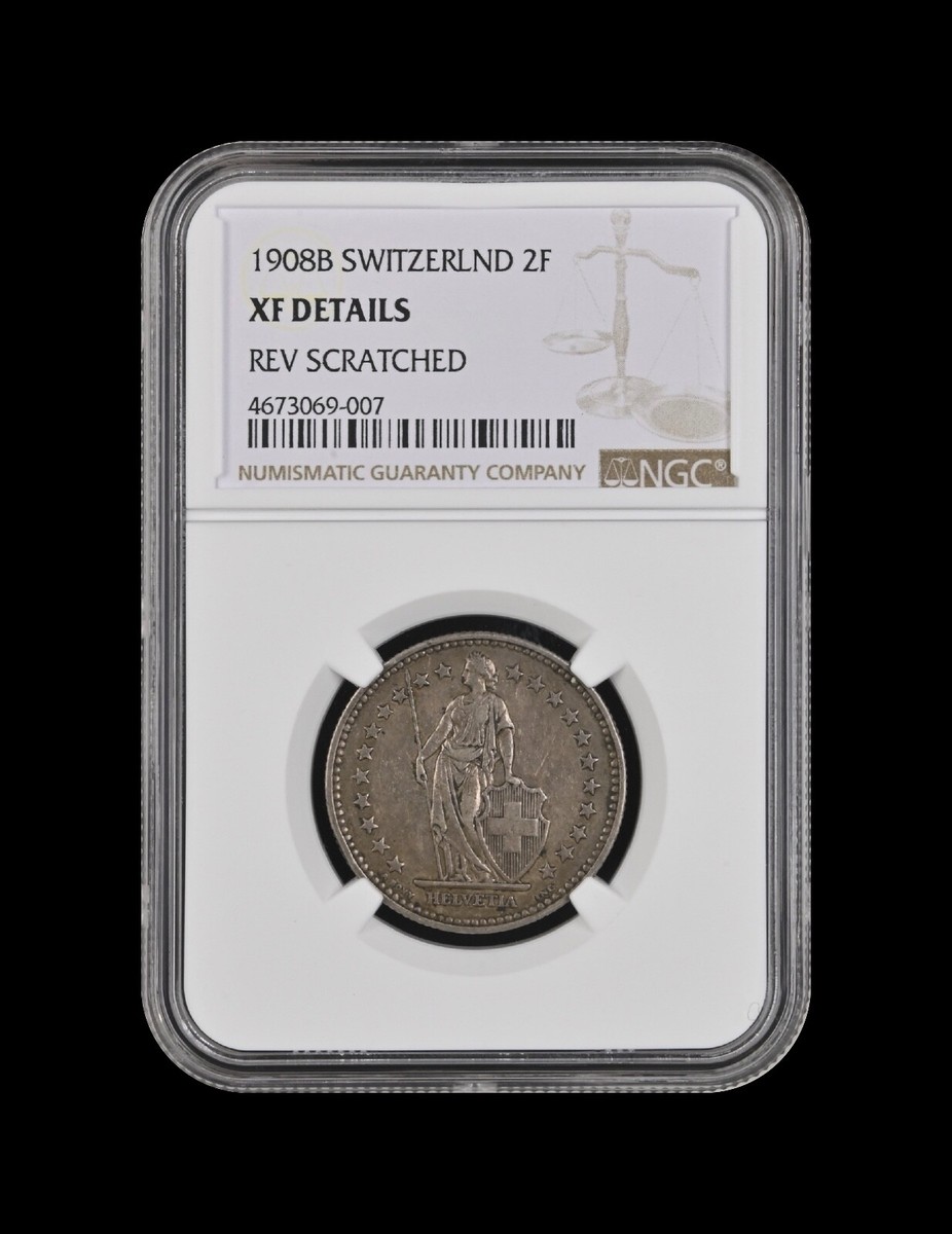 SWITZERLAND. 1908, 2 Francs, Silver, B - NGC XF - Helvetia, Bern