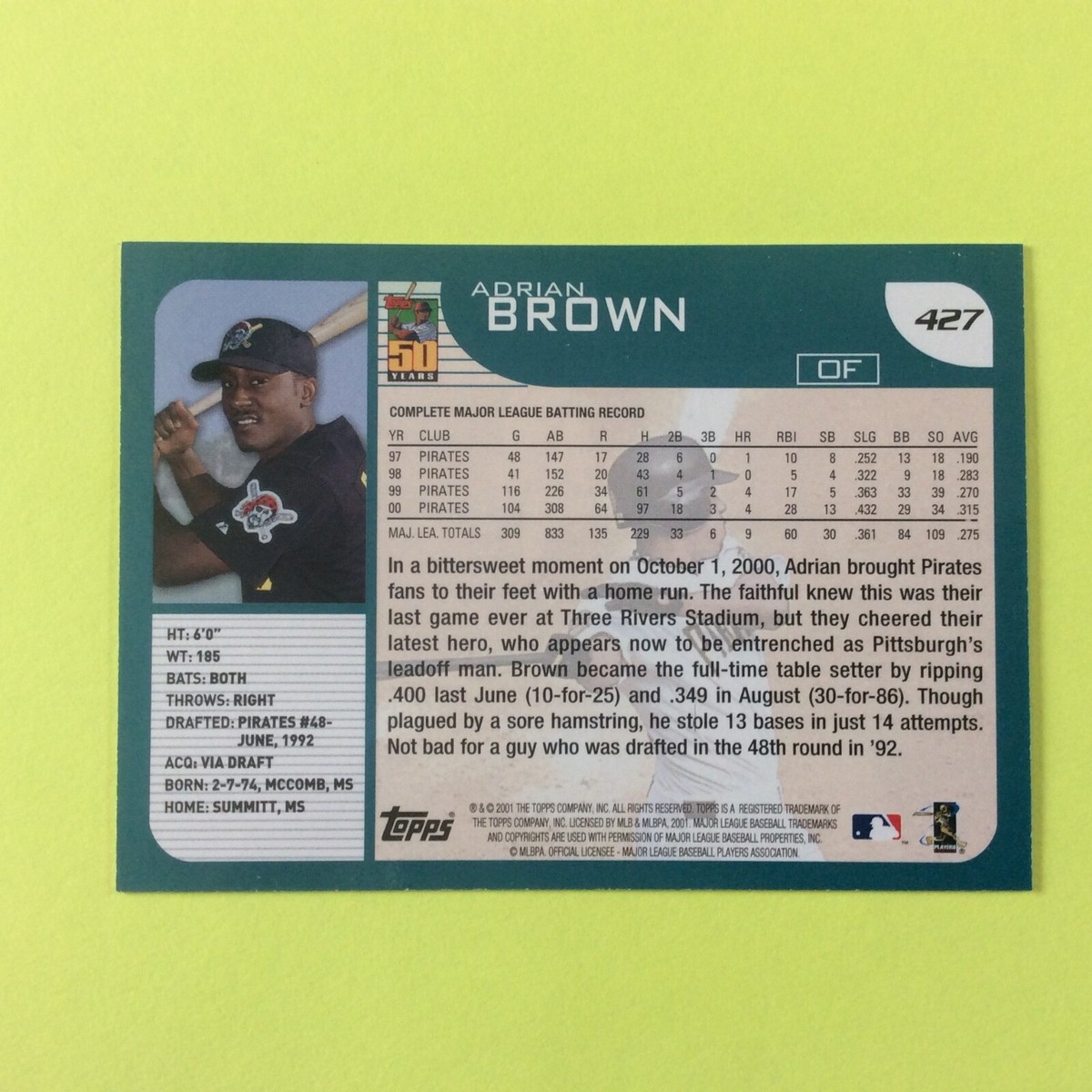 2001 Topps #427 Adrian Brown Pittsburgh Pirates | eBay