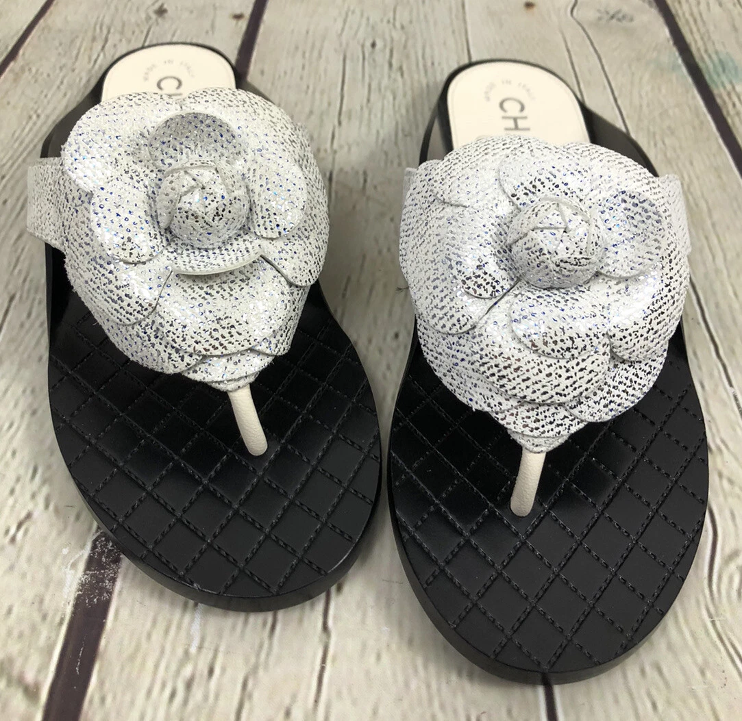 Chanel Shoes | Chanel Thongs Sandals Fantasy Goatskin G33782 Women’s Size 5 US 35 Euro | Color: Black/Silver | Size: 5 | Freeagnt98's Closet