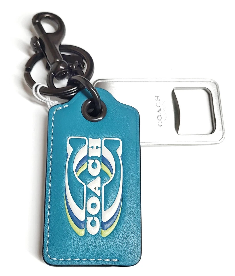 Llavero abridor de botellas Coach para hombre con sello llavero JI/Verde azulado multi cuero nuevo con etiquetas Foto 2 de 4