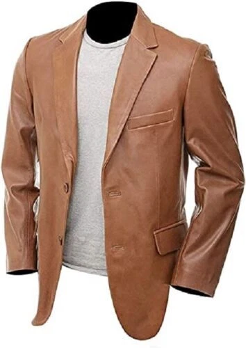Men's Blazer Lambskin Brown Leather Casual Sports Blazer Jacket Two Button Coat