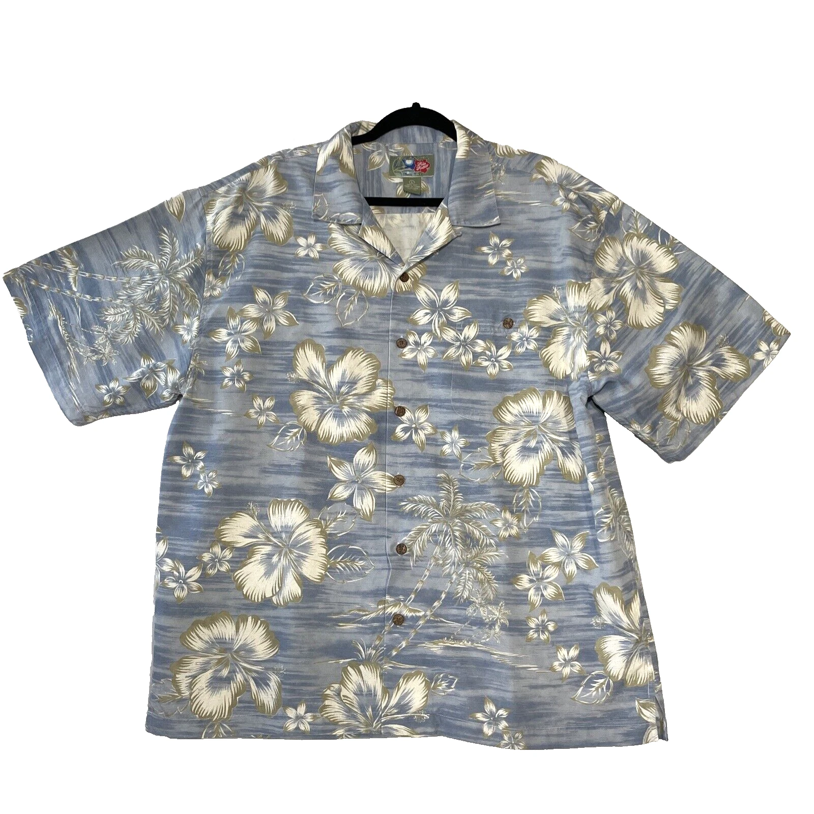 Hilo Hattie Mens Hawaiian Blue Silk Short Sleeve Button Up Shirt Size Large