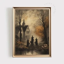 Witch Halloween Wall Art, Haunted Town PRINTABLE Decor, Witchy Trick or Treat