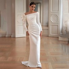 Customize Off Shoulder Flower Mermaid Wedding Dress Pleat Sweep Train Bride Gown