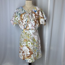 Traffic People Lenu Mini Dress Sz S Floral Embroidered Deep V With Tie EUC