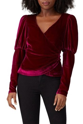 Cinq a Sept Theo Velvet Wrap Top Blouse Plum Silk Blend Puff Sleeve Womens XS