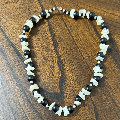 Handmade Black Bead & Ivory Tone Chip Necklace | Gold Clasp- 17  long