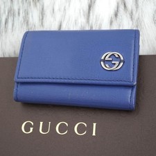 GUCCI GG Marmont Key Case Leather Blue Compact Wallet Monogram Logo Preowned