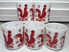 VINTAGE 5PC HAZEL ATLAS RED ROOSTER PLATONITE MILK GLASS CUPS MUGS (A1)