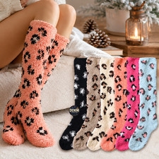 3-12 Women Leopard Printed Warm Winter Socks Fuzzy Cozy Slipper Long Fleece 9-11