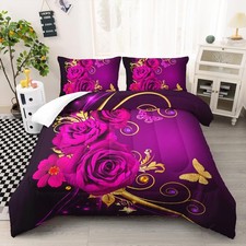 Rose Comforter Set Queen Size, Pink and Gold Floral Butterfly Bedding Set, Ro...
