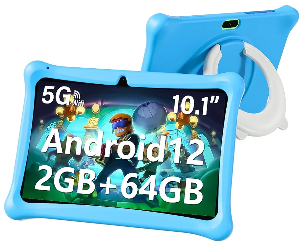 Blau Kinder Tablet 10 Zoll Kids Tablet Android 12 WiFi mit Schutzhülle 2GB+64GB
