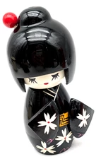 Black Lacquered Wood Kokeshi Bobblehead Figurine