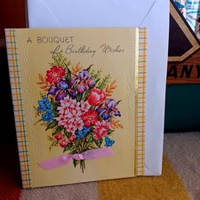 Vintage Birthday Card Floral Bouquet w/Envelope Made In USA Embossed 1950s