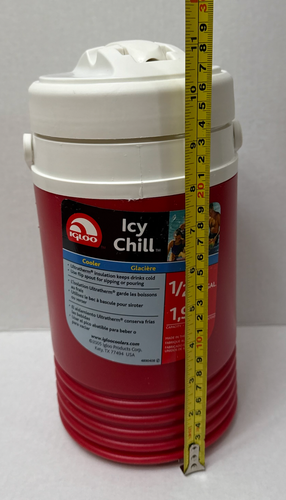 White vintage NWT Igloo 1/2 gallon Icy Chill cooler with red lid, white logo, and “Made in U.S.A.” text on front.