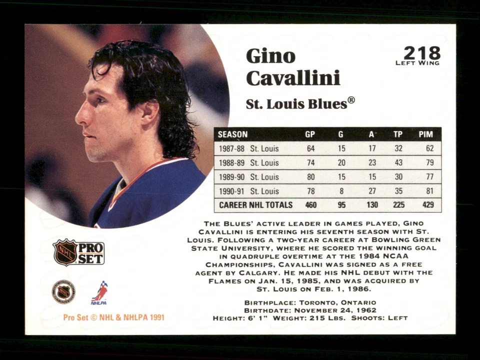 218 Gino Cavallini 17 Blues 1991 Proset Hockey Sports Trading Card - Image 2 of 2