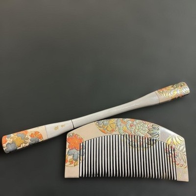 Masamitsu MakiE Lacquered Comb Set Kogai Vintage Multicolor Floral 15cm