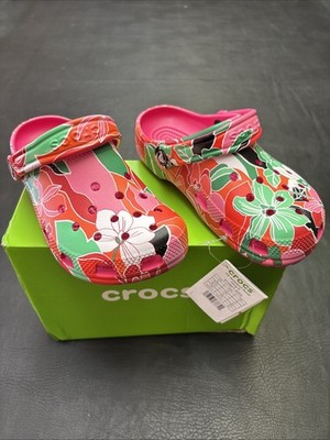 Crocs Kids Girls Classic Woodcut Floral (Pink, Red, White) Clogs US 4 Junior NWT