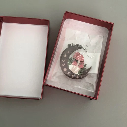 NWT Natural Mystic Wood Mushroom 2” Dangle Moon Earrings With Gift Box