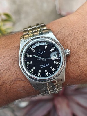 Titoni Cosmo King Automatic DayDate Black Dial President Mens Wristwatch
