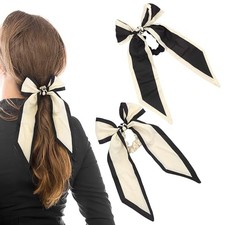 2PCS Knotted Bow Hair Scrunchies Elastic Scarf Black White Hair Ties with long