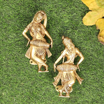 Radha Krishna Playing Dholak Brass Door Handle Pair