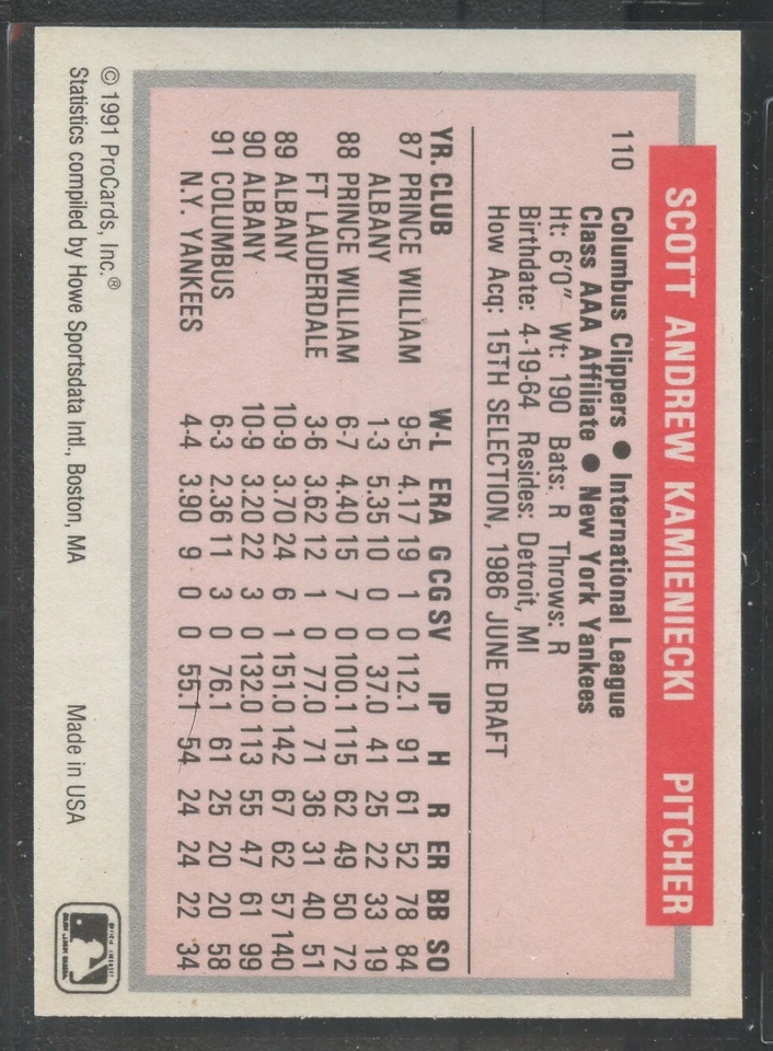 1991 ProCards Minor League #110 Scott Kamieniecki Columbus Clippers - Image 2 of 2