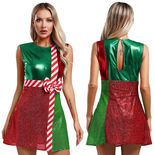 Women Sequins Candy Cane Costume Christmas Party Fancy Dress with Built-in AU - Picture 17 of 33