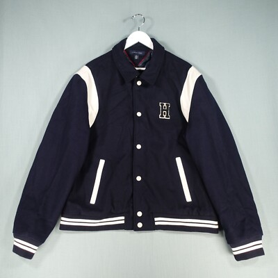 Tommy Hilfgier Bomberjacke Herren XXL Blau Weiß Wolle Leder Letterman Varsity