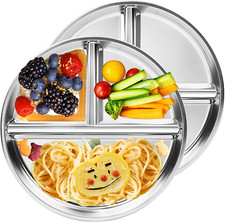 Stainless Steel Kids Plates 2 Packs, 9" Portion Control Plate Divided Plates for