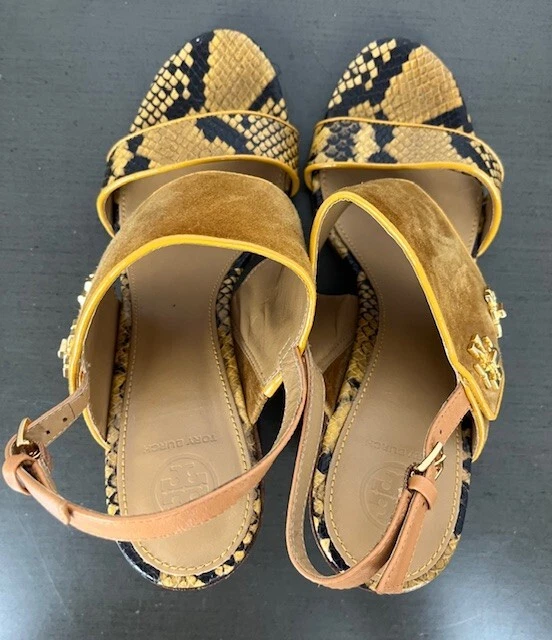 Tory Burch Kira размер 9 М замшевая коричневая змеиная кожа деревянная платформа каблуки кожаная подошва - Изображение 4 из 4