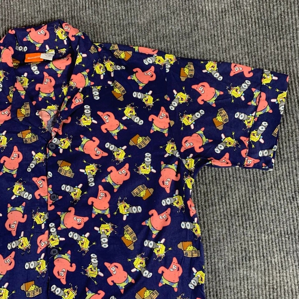 Camisa De Colección Nickelodeon Para Hombres L Azul Abotonada Bob Esponja Patrick Algodón Y2K 2002 Foto 3 de 4