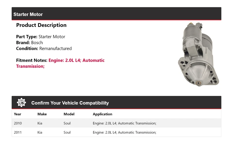 Arranque Bosch para Kia Soul 2010-2011 2,0 L L4 (remanufacturado) Foto 2 de 4