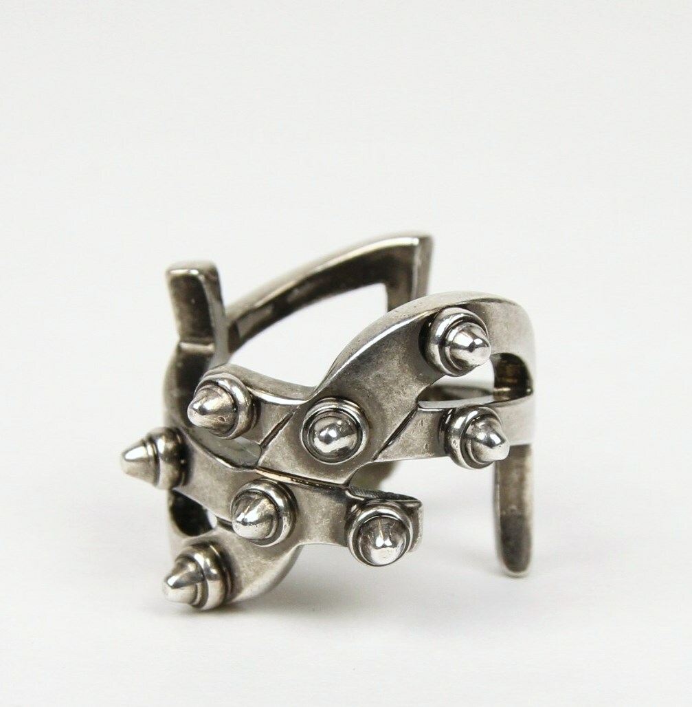 $695 YSL Saint Laurent Aged Brass Metal YSL Ring with Spikes