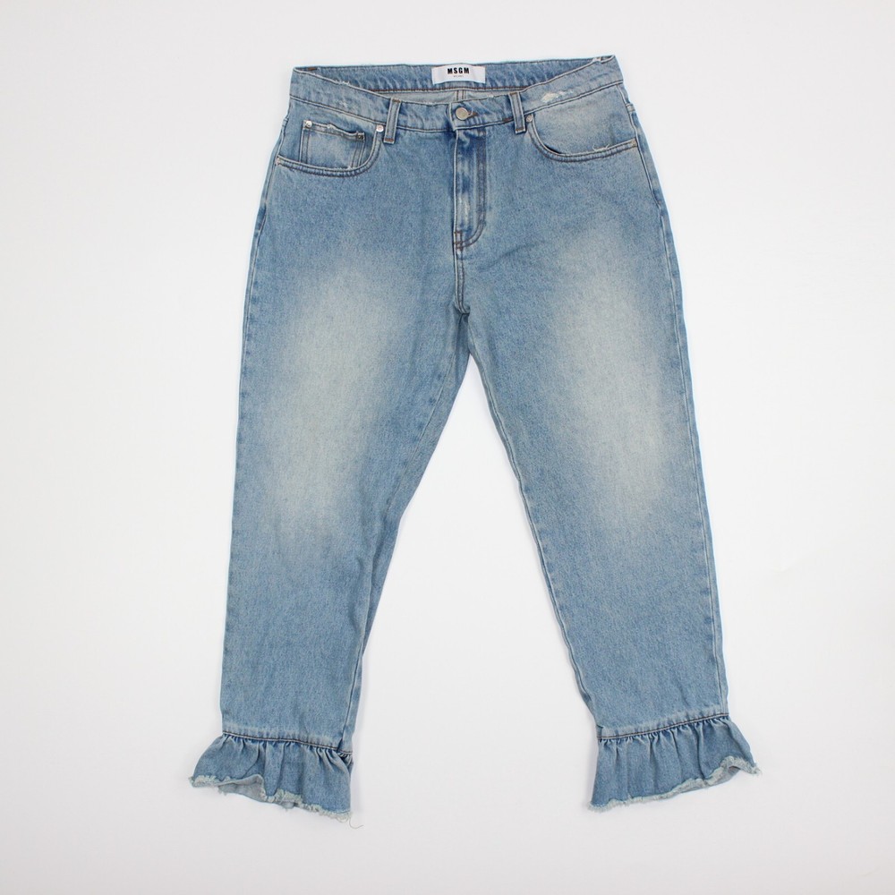 MSGM High Rise Ruffle Hem Straight Leg Crop Mom Jeans Blue Size 46 / US 12