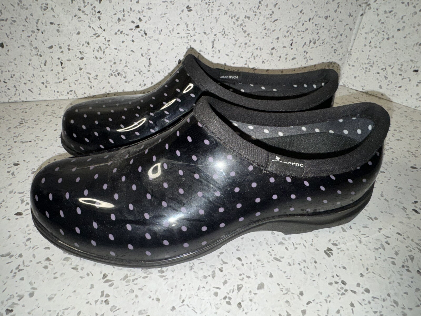 Sloggers Womens Rain Garden Slip on Clogs Black with Polka Dots Size 9