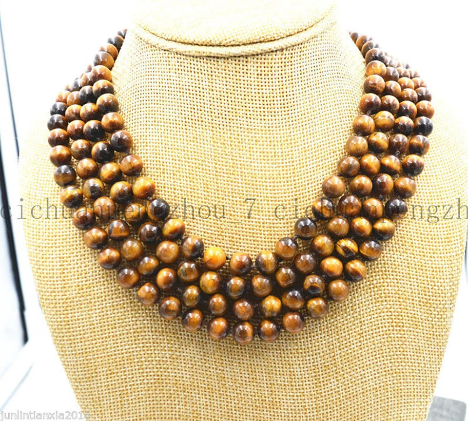 Hermoso collar de cuentas redondas ojo de tigre natural de 4 filas 6/8/10 mm 17-20" AAA Foto 2 de 3