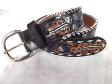 Hand tooled leather belt sz S 32 snap remove silver brass buckle oak acorn laced