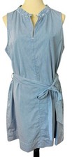 Gap Ruffle Neck Shirtdress in Poplin Blue White Stripe Pockets Womens L NWT
