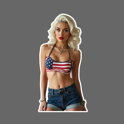 Pinup girl sticker vinyl decal blonde flag bikini retro rockabilly cleavage 
