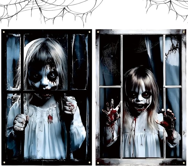 Halloween Fensterbilder 2Er Set 80X120 Cm Horror Deko Stoff FüR Fenster-image