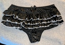 Women's Kawaii Black Skirted Bow Sissy Frilly Ruffle Satin Lace Brief Panties