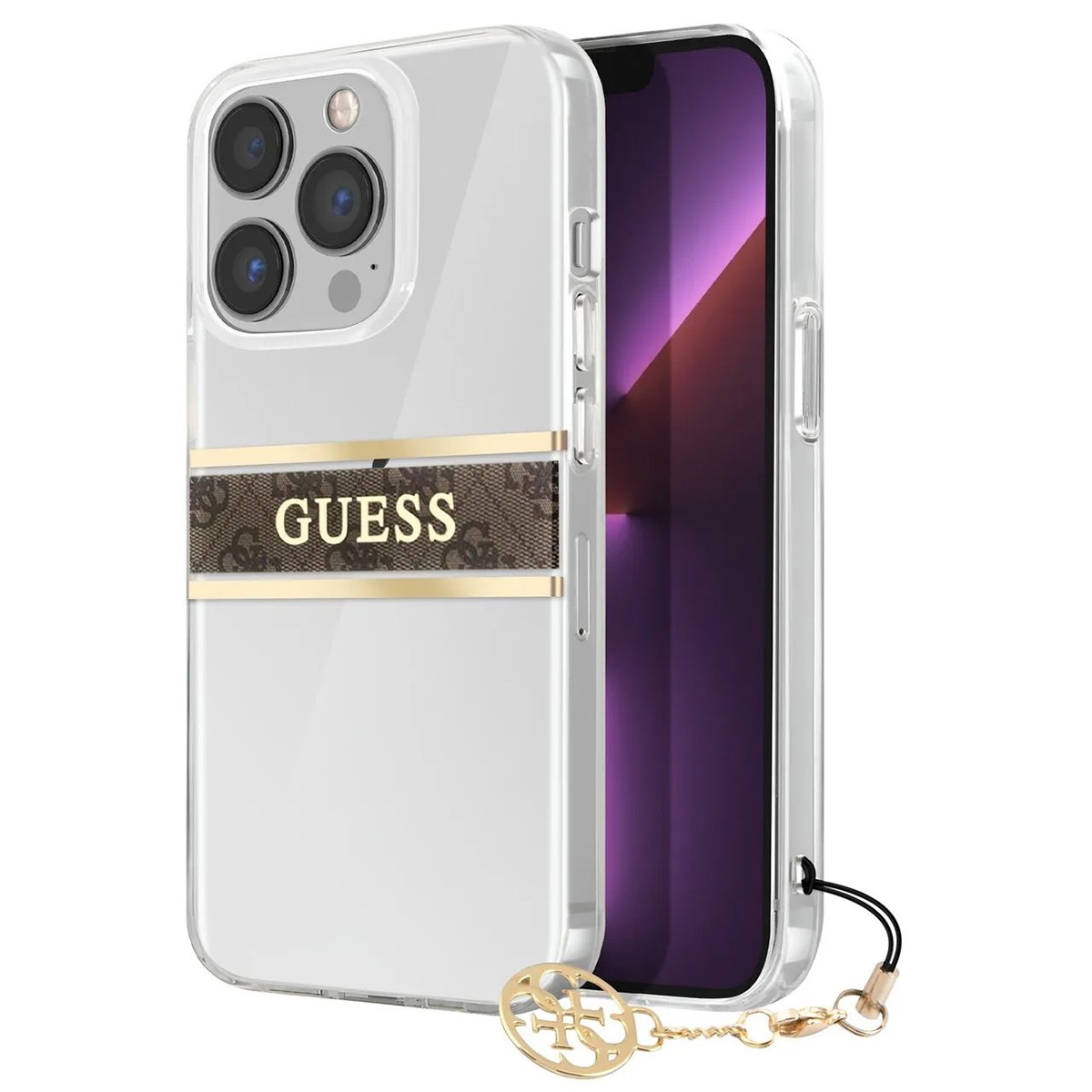 Coque iPhone 13 Pro Guess Stripe Charm marron chic pour le quotidien