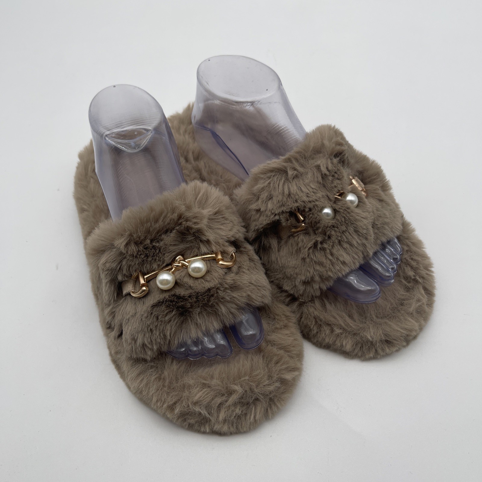 PANTOFOLA D’ORO 2Chic Ciabatte Slip On Donna Marrone Ecopelliccia Fibbia Oro Accento Perla Taglia L