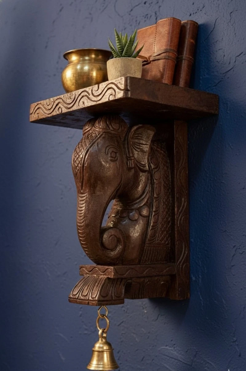 Wooden Elephant Wall Shelf | Hand Carved Elephant Shelf | Solid Wood Wall Decor