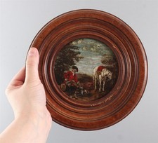 18thC Antique Miniature Naive Oil Painting English Officer Hound Dog & Horse 